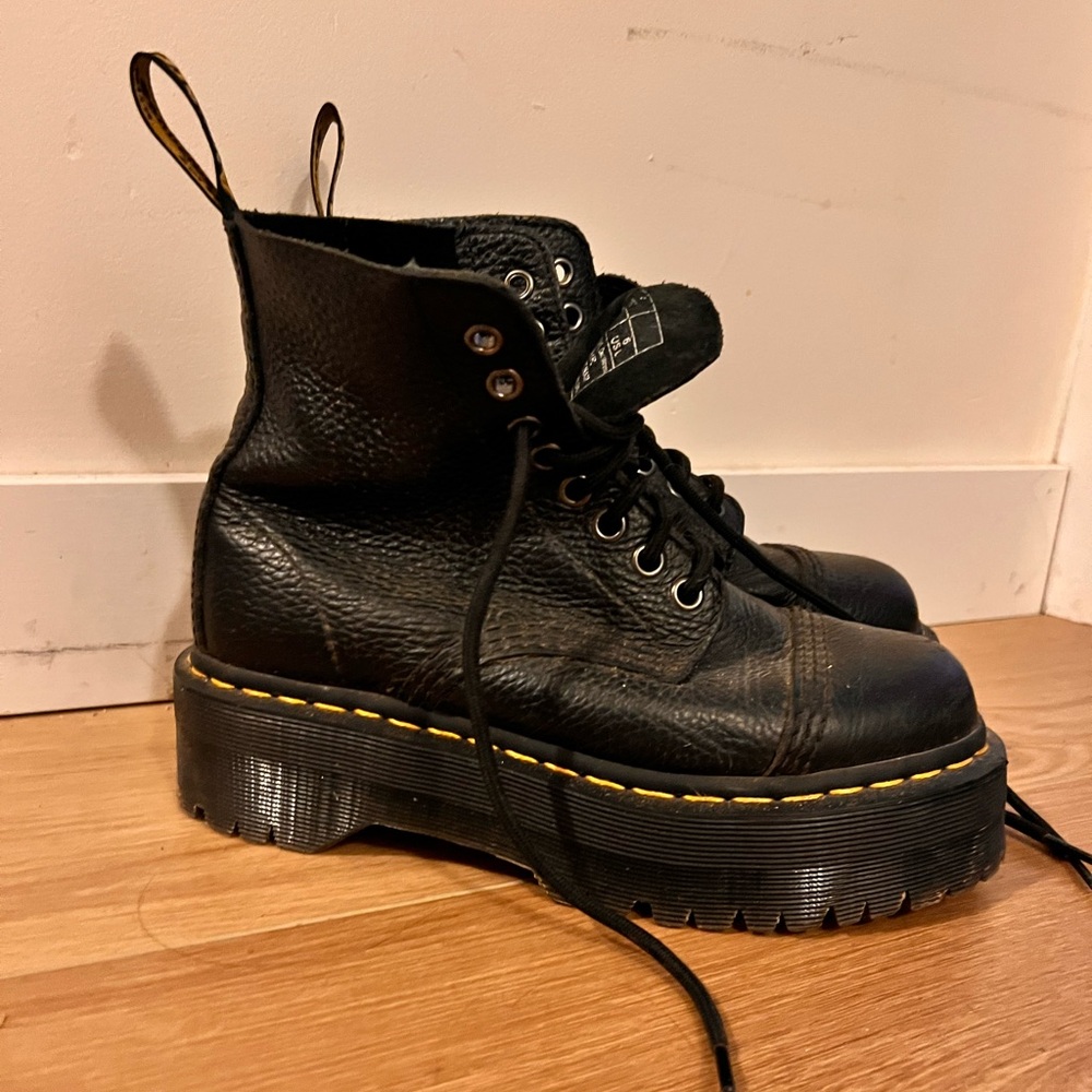 Dr. Martens Black Leather Platform Lace-Up Booties with Yellow Stitching
